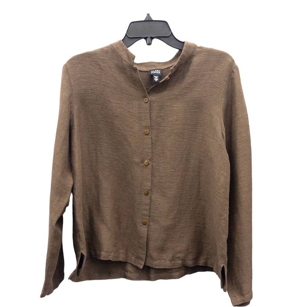 Eileen Fisher Mandarin Collar Brown Linen Blend Blouse Top M